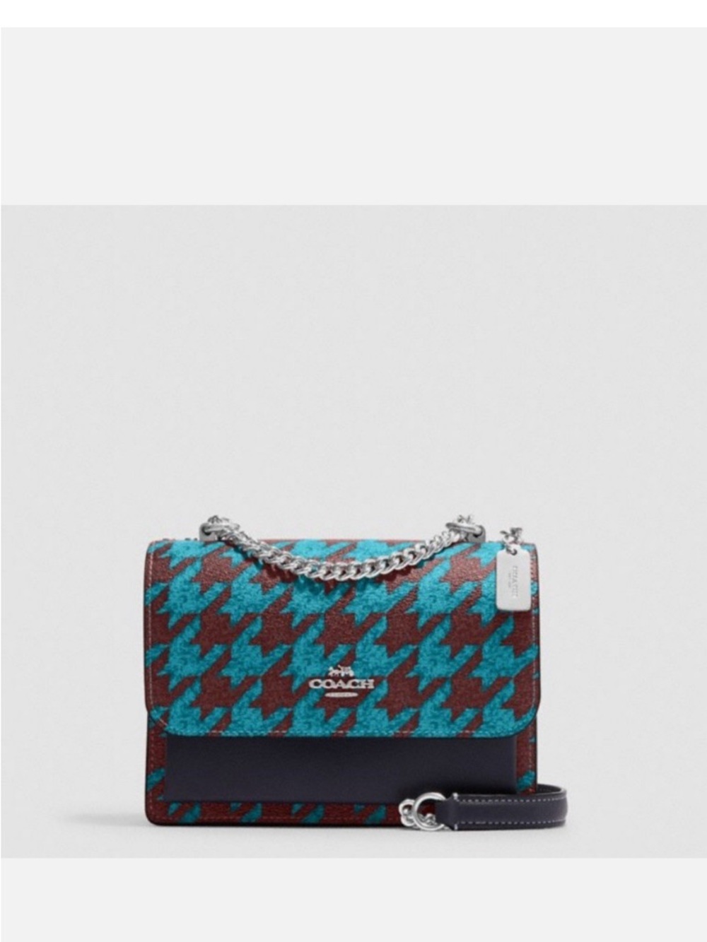 COACH MINI Klare Teal and Burgundy Houndstooth Crossbody with Black Trim
